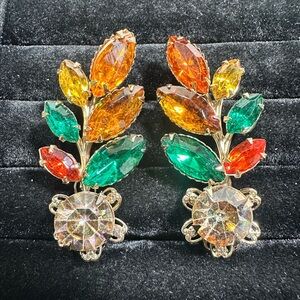 Vtg: Multicolored Glass Rhinestone Earrings /Crawlers /Rivet Back,